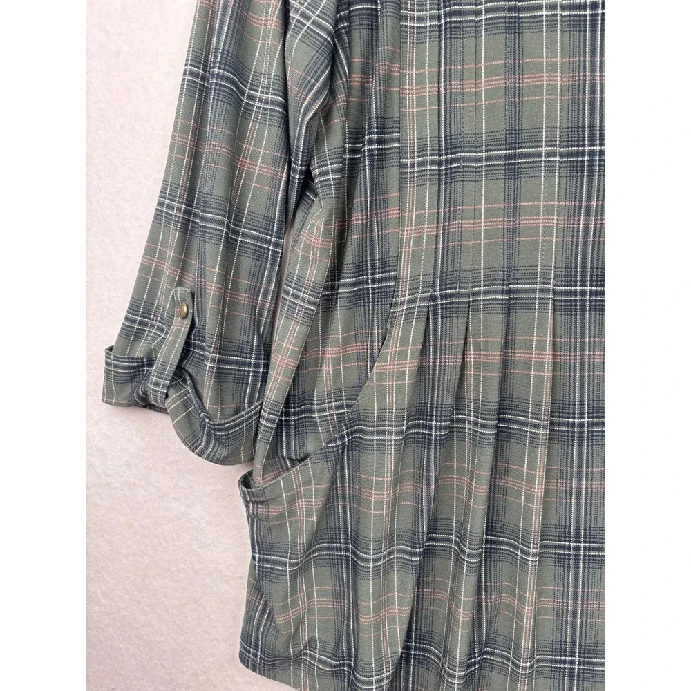 Roz and Ali Tunic Womens 1X Plaid Henley Roll Tab Sleeve